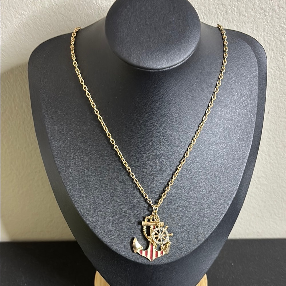 Nautical Anchor Red white Blue Enamel Long Gold Tone Necklace